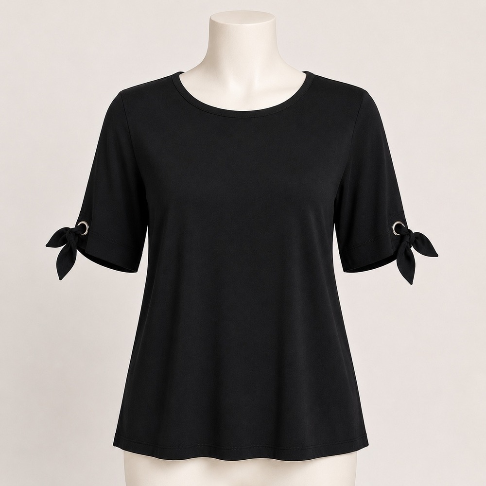Susan Graver Top Large Black Boat Neck Tie Sleeve Grommet Detail Short Sleeve